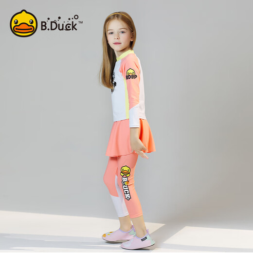 B.Duck children's swimsuit women's split long-sleeved trousers sun protection medium and large children new quick-drying baby swimsuit pink 110 (85-100cm_13-20Jin Jin equals 0.5 kg)