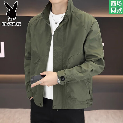 Playboy stand collar jacket men's spring and autumn 2025 new high-end casual trendy jacket men's work clothes green spring and autumn style L 125-145Jin Jin equals 0.5 kg