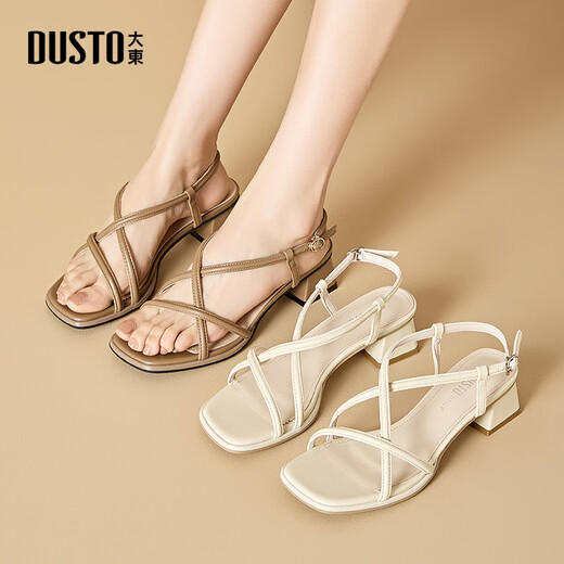 Dadong (dusto) Dadong strap sandals women's shoes 2024 summer new style fashionable casual elegant thick heel square heel 1050 beige 38