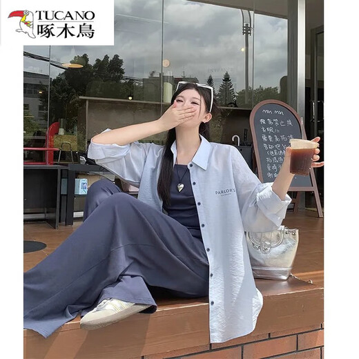 Pájaro carpintero (tucano) Nuevo tamaño de verano de moda y temperamento versátil Protección solar de la camisa suelta que abraza la cintura y los pantalones rectos de las patas anchas y el conjunto de tres piezas L recomendado 100-120 Jin [Jin equivale a 0.5 kg]