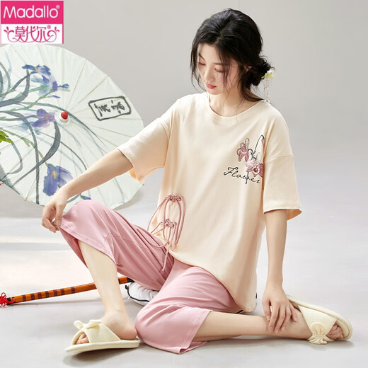 Modal summer short-sleeved pajamas set new Chinese women's national style home clothing cropped pants can be worn on the outside, pure cotton thin summer Y9901 M (recommended 75-95Jin [Jin equals 0.5 kg])