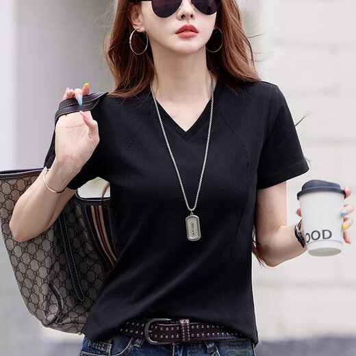 Lisa Guangzhou 13-Reihen-T-Shirt-T-Shirt-T-Shirt V-Ausschnitt Front Schulter kurzärmeliges T-Shirt Frauen Design Falten-Basis-Hemd Sommer-Style 6626 Blurred Red (Fischknochenstil) suggeriert 80-95 Jin [Jin gleich 0,5 kg]