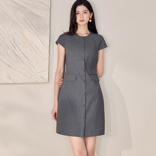 Roeyshouse Roe Intellectual Couleur solide Robe de cou rond pour femmes 2025 Summer New Style Commuter mince jupe droite 12170 Gray L