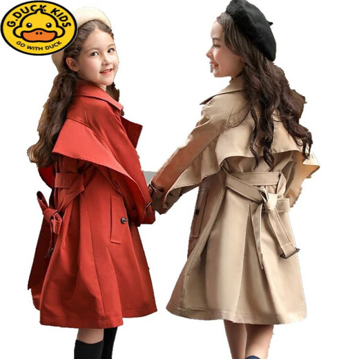 
G.DUCKKIDS children's clothing girls' coat spring and autumn new Hepburn style medium-large children's windbreaker fashionable girls' double-breasted coat long khaki 160 recommended height 150-155cm 12-13