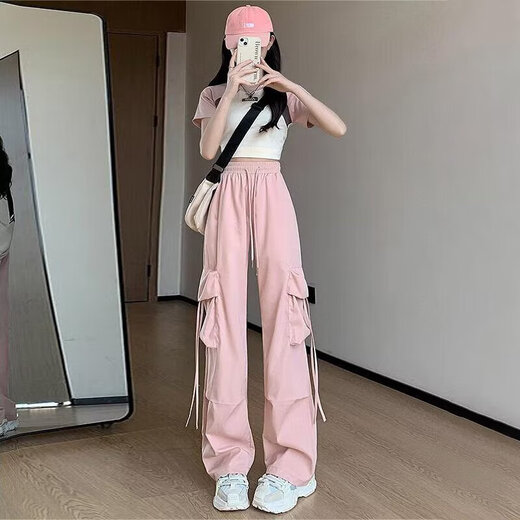 
Casual simple dopamine wear work pants for women in spring and summer drawstring hip-hop thin style wide-leg floor trousers MY-687 black L
