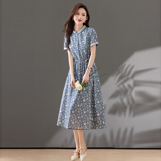 
Ehangy light luxury brand dress for women 2025 summer new short-sleeved floral temperament generous slim and fashionable shirt skirt blue gray XL