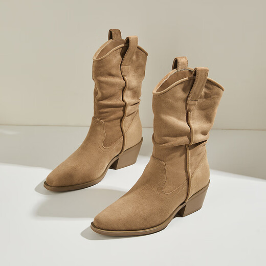 
Daphne thick heel thin boots for women 2025 autumn and winter new reverse velvet leather fashionable Martin boots plus velvet versatile pile boots Khaki 35 (225mm) standard code