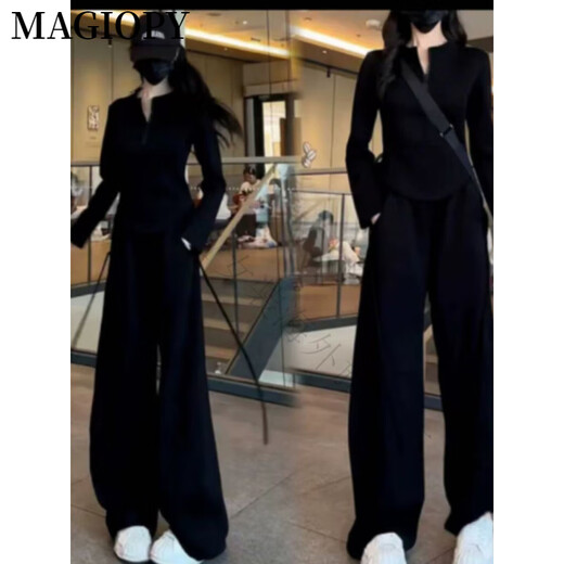 MAGIOPY国际奢侈高档品牌2025春酷辣休闲运动套装女修身收腰显瘦黑色长袖 黑色两件套 S(100斤以内)