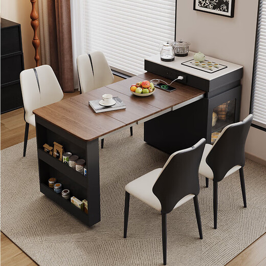 Suizhi solid wood island dining table integrated retractable and foldable home small apartment with storage new island dining table Folding island (fixed socket) double hole tea stove 1.4m retractable island (including cabinet) + folding chairs *4