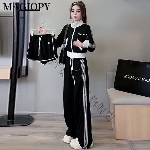 MAGIOPY国际奢侈高档品牌网红同款休闲运动套装女装秋季时尚减龄黑色外套 黑色 S(100斤以内)