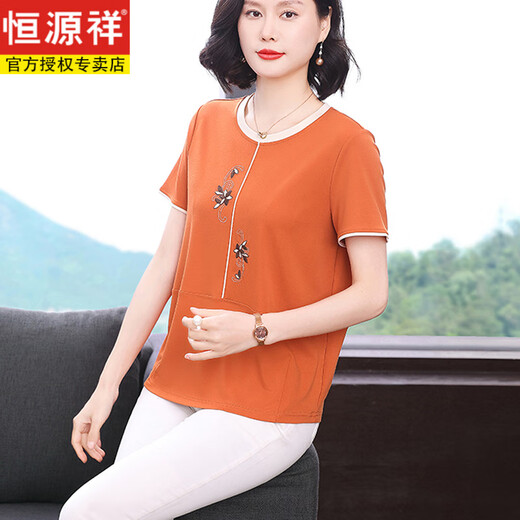 恒源祥纯棉短袖T恤女2025夏装新款中老年妈妈宽松洋气时尚半袖上衣汗衫 橘色 M 建议95-105斤
