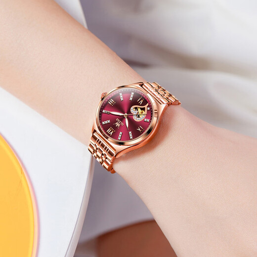 Olevs Mechanical Watch Женские полые полностью автоматические механические часы Водонепроницаемые и светящиеся женские часы с бриллиантовыми праздничными подарками [сердечный подарочный подарок] B6636SK Стальный ремень Rose 6 33 мм Диаметр циферблата: