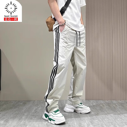 仓石一树仓石一树2025新款条纹速干休闲裤子男百搭潮牌宽松直筒运动裤长裤 米白色 XL