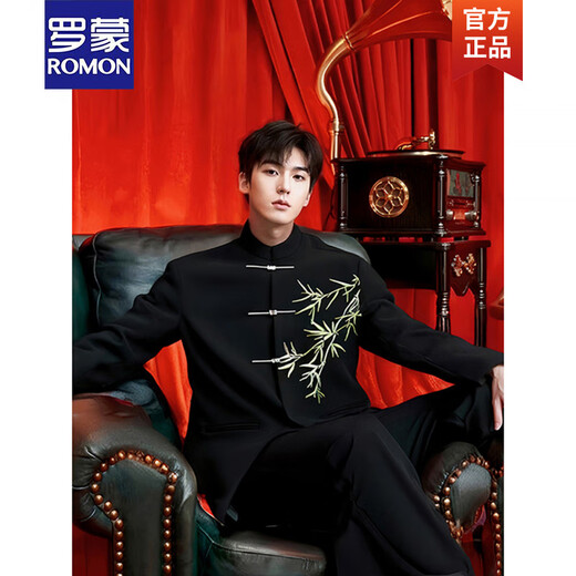 ROMON New Chinese style national style engagement clothes men's suit suit groomsmen tunic embroidered shoulder pad suit jacket two-piece set gold bamboo embroidered suit + black trousers L (115130Jin Jin equals 0.5kg)