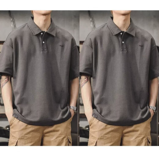 UKUHPK Japanisches Revers-Polo-Hemd kurzärmelig für Männer, vielseitiger, vielseitiger Baumwoll-T-Shirt, Sommer Lose-Hals-Top-Trend G691 Black + Grey M [Vorgeschlagen 90-110jin [Jin ist gleich 0,5 kg]]