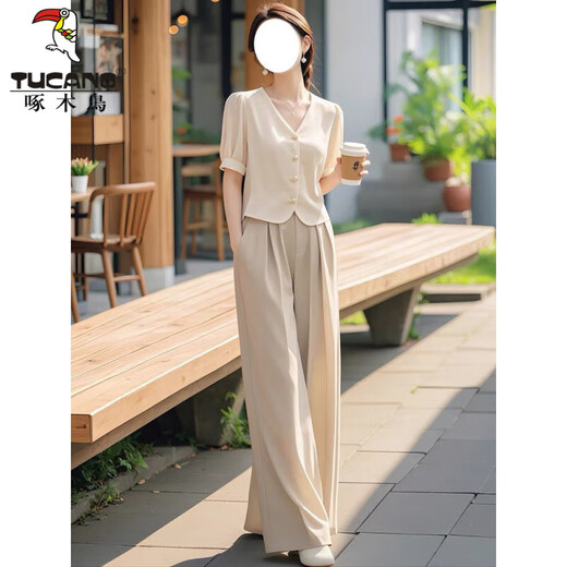 啄木鸟气质一整套穿搭通勤漂亮套装女装高端时尚名媛盐系轻熟两件套装夏 单杏色裤子 S 【建议95斤内】