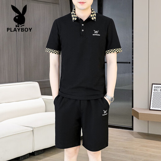 花花公子（PLAYBOY）夏季男士套装短袖POLO衫潮流一套搭配休闲男装夏装t恤短裤二件套 TZ9902米色 M