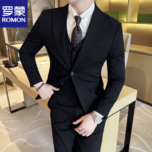 ROMON wide collar peak lapel suit business formal three-piece suit double slit wedding groom suit men's slim dark gray suit + vest + trousers two buttons L