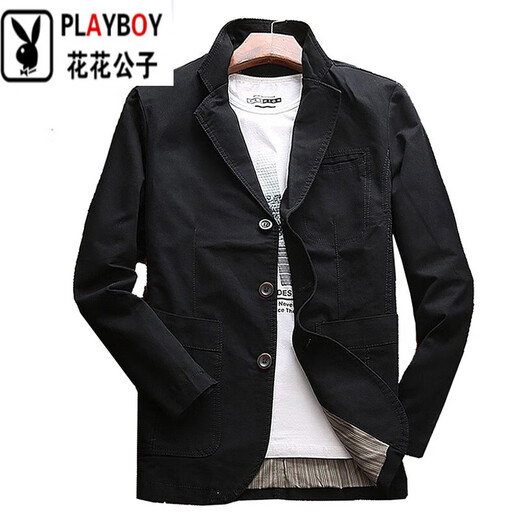 花花公子（PLAYBOY）高档西服外套春秋季宽松休闲单西小西装男装大码中年上衣夹克外套 黑色 L 适合体重125-145