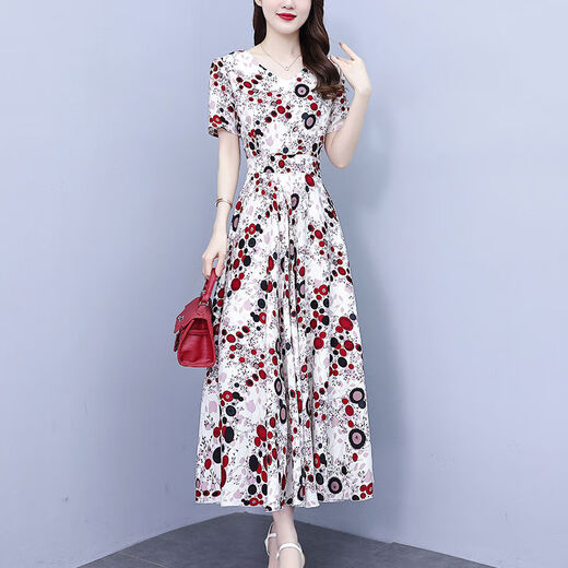 DRYWORLD2025夏季新款雪纺碎花连衣裙大码胖mm收腰显瘦遮肚长裙 花色 【杏底红花9737时尚百搭】 XL