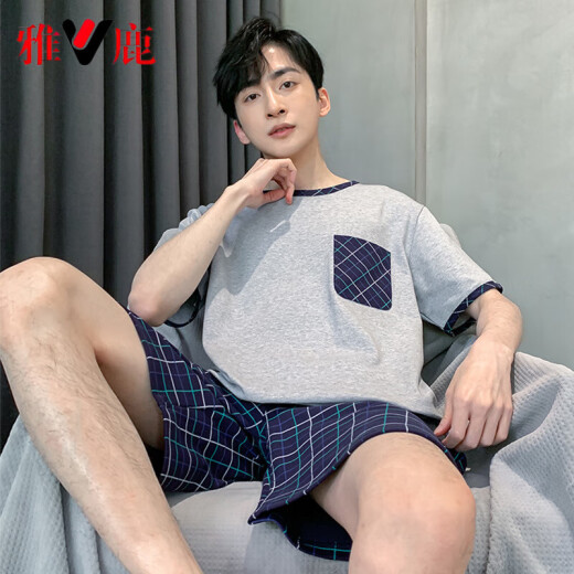 雅鹿睡衣男夏季短袖短裤棉质青少年初中学生套装男款家居服胖子4XL HDE9928 L