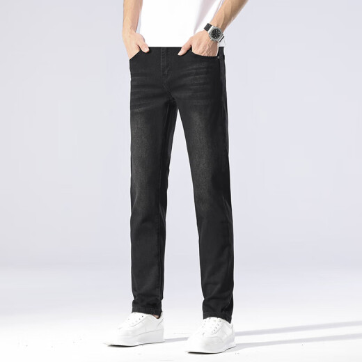 Catman (Miiow) High-End-Jeans-Jeans Sommer dünne schlanke elastische gerade Hosen im mittleren Alter und vielseitige Waschhose 1048 Schwarz 33