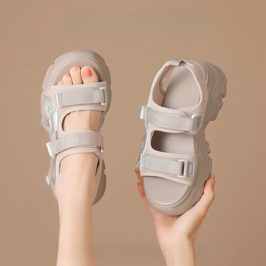 Sipuwang Sportsandalen für Frauen 2025 Sommer Neue hochgelöst dicke alleinige Schwamm-Schwamm-Kuchenschuhe tragen Anti-Rutsch-Strandschuhe Klettverschluss 693 Beige * Fersenheelhöhe 6,5 cm 39