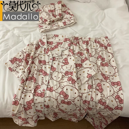 莫代尔冰丝睡衣女ins风凯蒂猫hellokitty春夏季可爱甜美三件套家居服女 14108# M 【建议80-100斤】