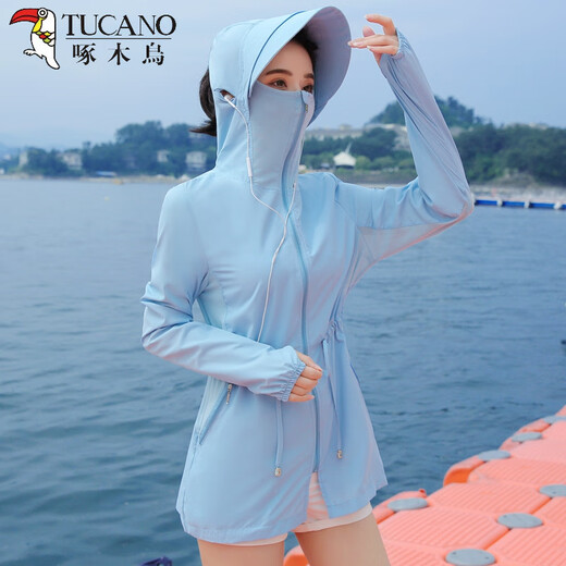 啄木鸟防晒衣女2025新款夏季中长款女骑车外套长袖薄透气雪纺 轻薄加长帽檐中长款4880-浅蓝色 L 100-115斤