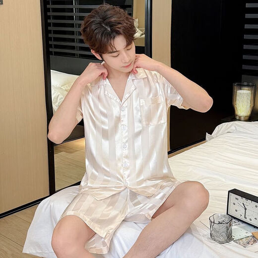 Herren-Pyjamas kurzärmelige Eisseide-Sommershorts für Teenager und männliche Studenten können Hauskleidung mit SX-679 Herren Champagner Muster XL [110-130jin [Jin gleich 0,5 kg]] tragen]