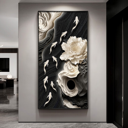 TURBOSUN玄关挂画正对入户门高级感立体西墙九鱼图玄关装饰画入户正对门挂 九鱼丰年C 60*12035mm+油画布+油黑色框