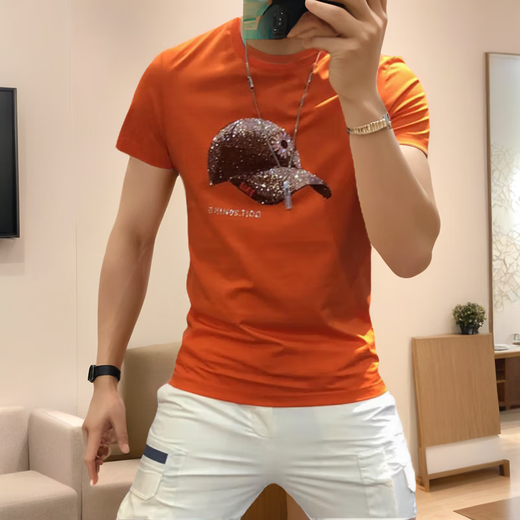 
GIOCP Hong Kong trendy brand summer new mercerized cotton hat ironing diamond short sleeve internet celebrity personality trendy slim half-sleeved T-shirt men orange 733 hat 4XL