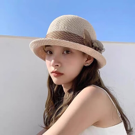 时尚英伦花朵礼帽女夏季遮阳防晒帽子法式卷边太阳帽户外网纱盆帽 紫色