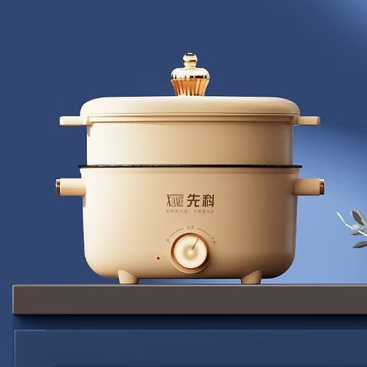 先科新款双层电煮锅24CM口径多功能不粘电火锅蒸煮一体锅 先科6624电煮锅白色