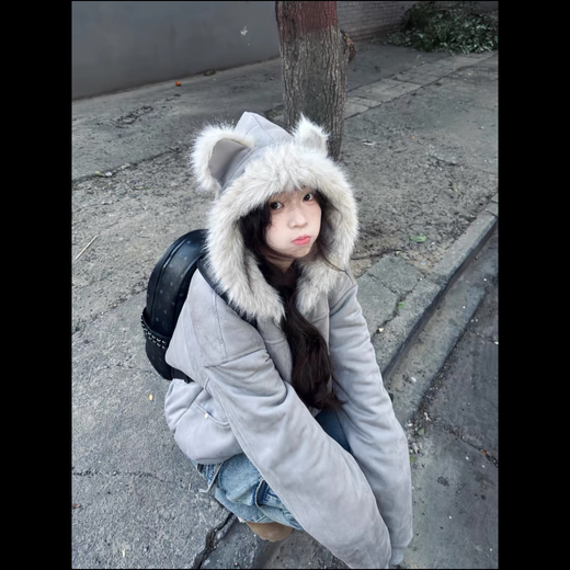 Yifansha cotton coat for women winter mountain sculpture cat ear fur collar hooded down jacket women short suede plush thickened jacket gray one size (please contact customer service to note the size)