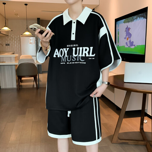 will not青少年短袖t恤男孩12-15岁初中学生半袖POLO衫13大童夏季运动套装 6629黑色套装 3XL 145-160斤左右