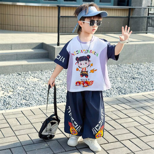 男童套装夏装2025新款中小童哪吒衣服儿童薄款两件套潮酷男孩t恤 825款-【紫色套装】 110  尺码 建议咨询客服