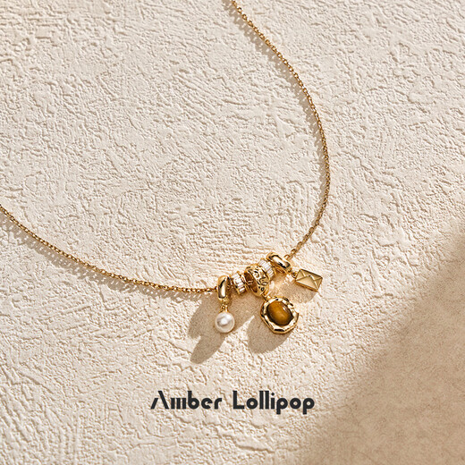 Amber Lollipop Wang Yuwen's same style tiger eye stone necklace women's clavicle chain neck necklace anniversary birthday gift for girlfriend and wife brown
