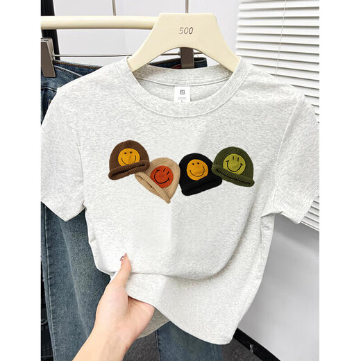 
American fashion brand front shoulder short-sleeved T-shirt for women's pure cotton 2025 new summer loose slim design half-sleeved top white gray L (105-115Jin[Jin equals 0.5 kg])