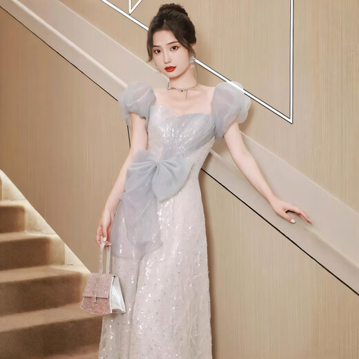 Evening dress skirt for women 2025 new banquet temperament adult gift light luxury niche high-end birthday host feeling blue XS