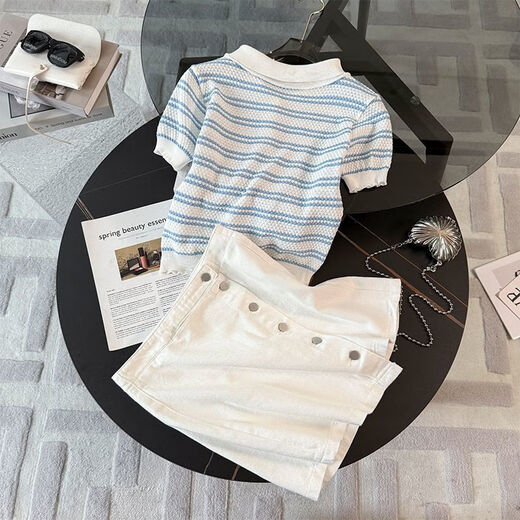 Longwenstin (L.WEST) Summer 2025 New Korean Striped Short Sleeve Top Slim and Versatile Denim Short Skirt Suit Skirt Two-piece Summer White Skirt 7170B S