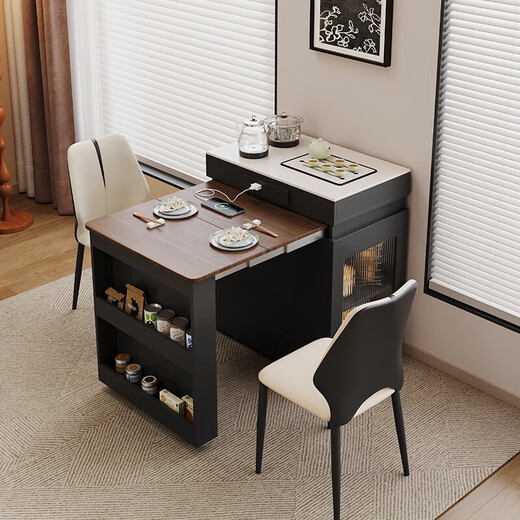 Suizhi solid wood island dining table integrated retractable and foldable home small apartment with storage new island dining table Folding island (fixed socket) double hole tea stove 1.4m retractable island (including cabinet) + folding chairs *4