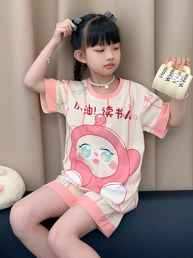 Pyjamas Girls Pure Cotton Summer Kurzärmelige 2025 neue Kinder süße Cartoon Girls Home Kleidung mittlerer und großer Kinderanzug 831 165 [l Code] 160-165cm100-115jin [Jin entspricht 0,5 kg]