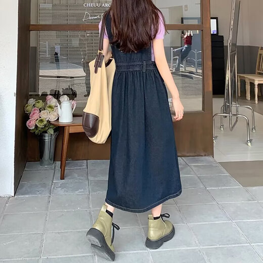 Retro age-reducing denim strap skirt for women spring and summer large size fat mm Korean style student cute embroidered suspender dress blue and gray [MY-8858] S