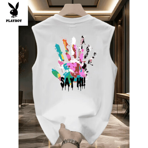 
Playboy (PLAYBOY) summer pure cotton loose large size vest men's trendy sweatshirt white [large picture of front left and back of vest K838 SAYHI S recommended 70-80Jin [Jin equals 0.5 kg]