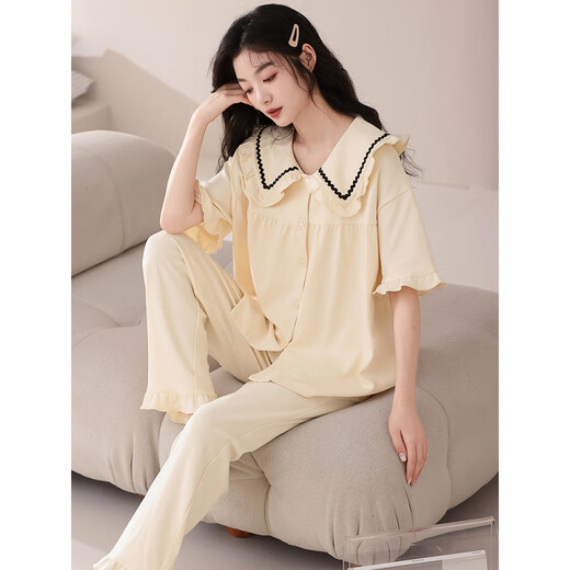 Zhulu Pajamás de pantalones de manga corta para mujeres en primavera y verano del algodón del algodón puro delgada cárdigan dulce ropa del hogar lyca
