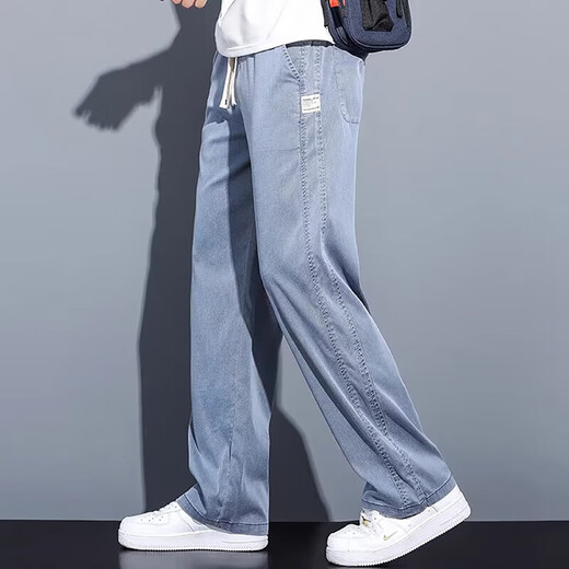 啄木鸟休闲裤男士夏季薄款天丝宽松直筒垂感阔腿冰丝凉感长裤子 1048黑色 M