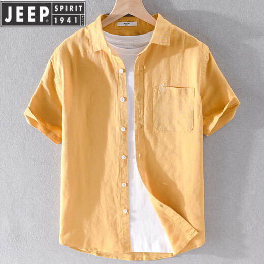 JEEP SPIRIT男士亚麻翻领短袖T恤宽松衬衫领上衣服有带领T棉麻料T恤麻布夏装 9711白色 M