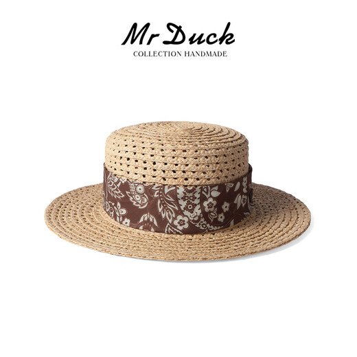 Mr DUCK2025秀场款 进口马达加斯加 拉菲草帽子女 夏天法式平顶礼帽镂空 本草/佩斯利啡棕（镂空平顶帽） M（55-57cm）