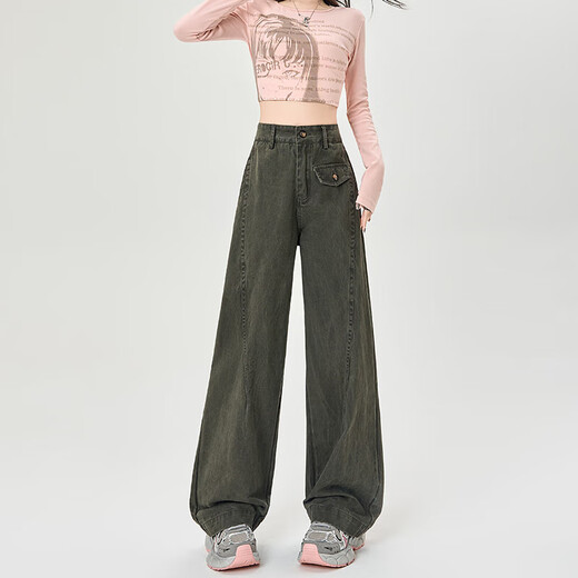 卡其色纯棉工装弯刀牛仔裤女2025夏季新款高腰宽松垂感加长阔腿裤 卡其色长裤 XL 码 建议120-130斤
